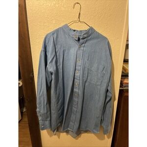 vtg impact mens denim shirt large collarless Blue Long Sleeve Button Up